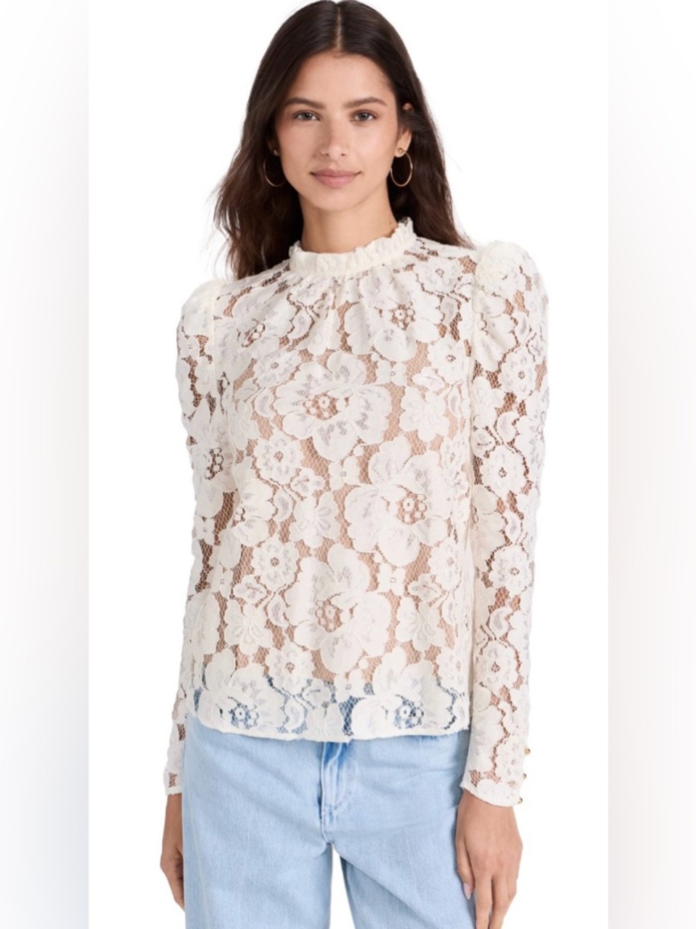 Wayf White Floral Lace High-Neck Blouse